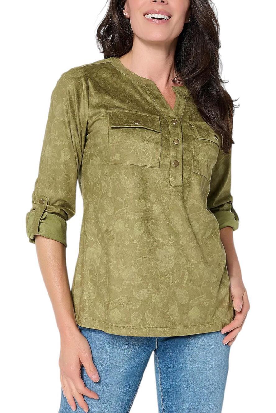 Belle Boho by Kim Gravel Women's Snappy Shadow Henley Top Oregano - Regular